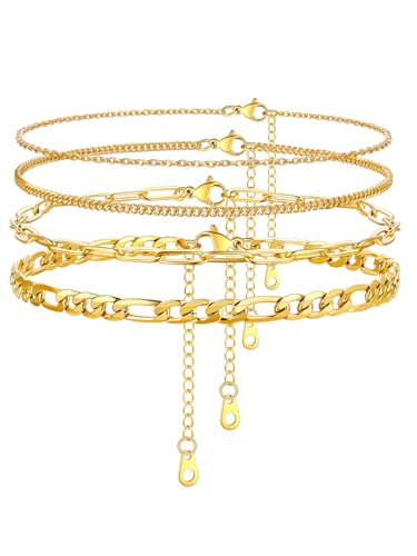 U7 2Pcs/3Pcs Ankle Bracelets for Women, Stainless Steel Cuban Link/Figaro/Rope/Heart Chain Anklets Sets,Waterproof Layered Anklets Adjustable 8.5"-10.5" - color: 05.4Pcs Style A-Gold