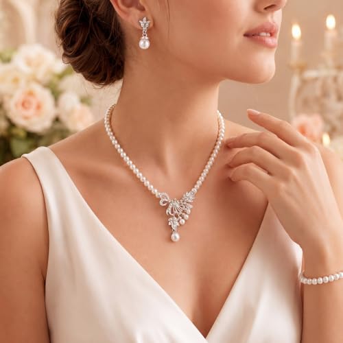 Glenmal Pearl Rhinestone Jewelry Set for Women Pearl Necklace Bracelet Earrings for Wedding Halloween Bridal Shower Tea Party - style: Glitter Style