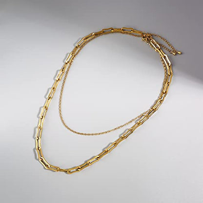 Elegance 11 designs Gold/Silver Stainless Steel Layered Set Necklace Square Linear Paperclip Figaro Chain Flat Chain Thick Short Metal Men's Women's Pop Necklace - color: Gold 2 Layers