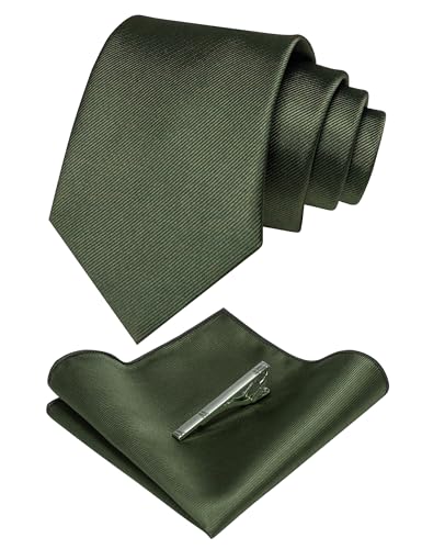 JEMYGINS Solid Color Formal Necktie and Pocket Square Tie Clip Sets for Men - color: Olive Green