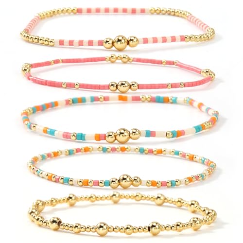 5Pcs Stack Gold Plated Ball Beaded Bracelets Set for Women, Boho Handmade Colorful Glass Pearl Stretch Accessories Jewelry, Summer Beach Daily Wear Holiday Friendship Gift - color: Pink