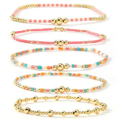 5Pcs Stack Gold Plated Ball Beaded Bracelets Set for Women, Boho Handmade Colorful Glass Pearl Stretch Accessories Jewelry, Summer Beach Daily Wear Holiday Friendship Gift - color: Pink