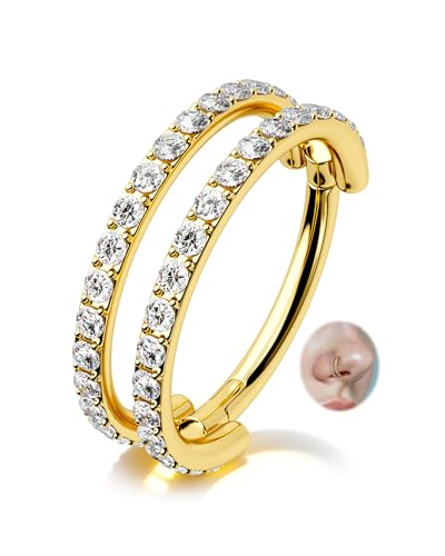 Nose Ring Hoop, 316L Stainless Steel Double Nose Rings, 20G Nose Piercing Jewelry for Women, Clear CZ Helix Cartilage Septum Nose Hoops - color: Gold-7mm
