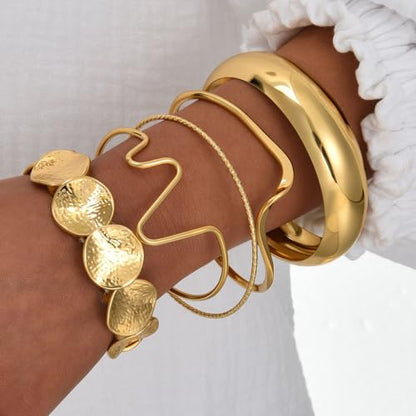Golden Stackable Bracelets Set for Women Trendy Multi Layer Adjustable Chunk Flower Cuff Bracelet Geometric Irregular Wave Statement Bangle Glamour Stacking Cuff Jewelry - color: Gold-A