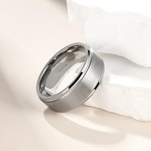 King Will Classic Tungsten Wedding Band for Men, 6/7/8/9/10mm Widths, Polished Finish Step Edge Matte Rings Comfort Fit - color: A-silver 9mm