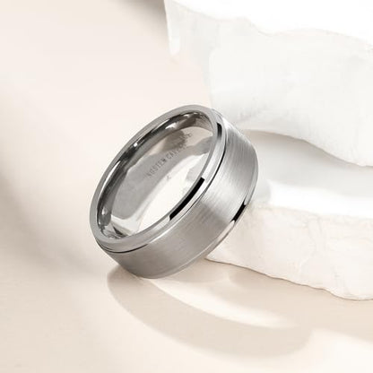 King Will Classic Tungsten Wedding Band for Men, 6/7/8/9/10mm Widths, Polished Finish Step Edge Matte Rings Comfort Fit - color: A-silver 9mm