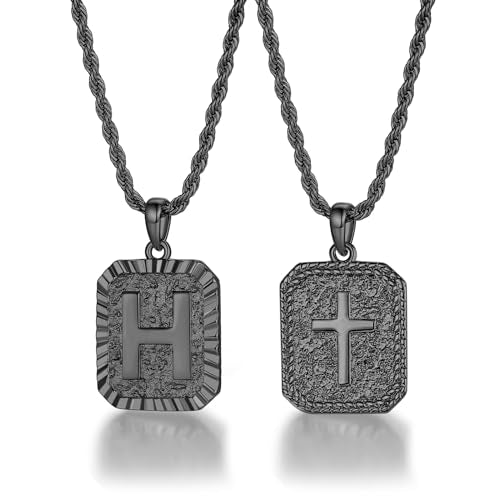 ASUWISH Gold Initial Necklaces for Men and Women, 18K Gold Plated Letter A-Z Cross Pendant with Adjustable Rope Chain, Letter Necklace for Women and Men - color: H, style: Black
