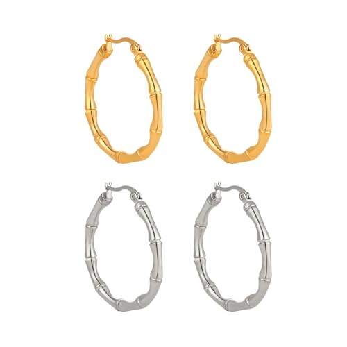 2 Pairs Gold/Silver Hoop Earrings For Women Set Trendy,14K Plated Gold Chunky Huggie Hoop Earings Pack,Oval Twisted Statement Silver Hoops,Fashion Jewelry Gift - color: 3) bamboo hoop