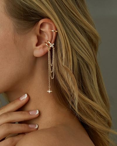 14K Gold Plated Ear Cuff Earrings for Women, Dainty Ear Cuffs Non Piercing Clip on Earrings Trendy Non pierced Cubic Zirconia Fake Hoop Earring Jewelry Sets for Women - color: Gold-1