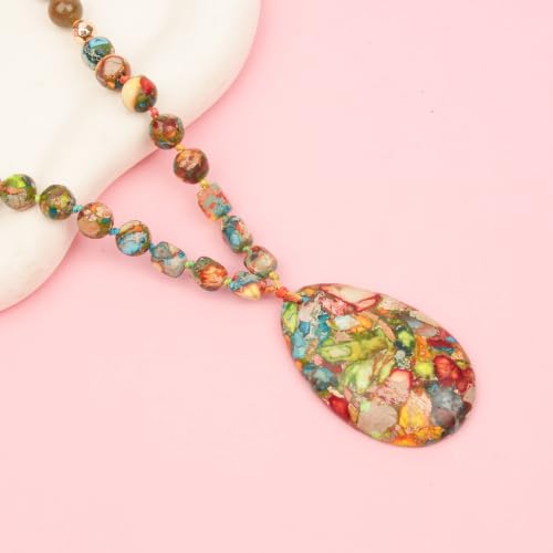 Long Necklaces for Women Boho, Oval Waterdrop Turquoise Pendant, Natural Stone Beaded, Handmade,Vintage & Elegance, Boho Fashion Charm Beaded Necklace for Women - style: R-Oval Waterdrop Jasper