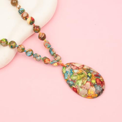 Long Necklaces for Women Boho, Oval Waterdrop Turquoise Pendant, Natural Stone Beaded, Handmade,Vintage & Elegance, Boho Fashion Charm Beaded Necklace for Women - style: R-Oval Waterdrop Jasper