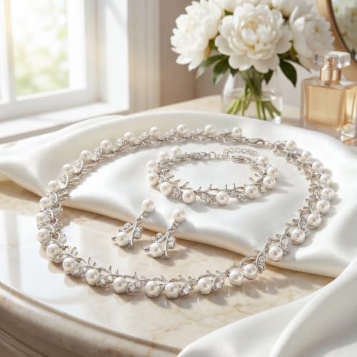 Heliltd Rhinestone Pearl Jewelry Set for woman - color: Sliver