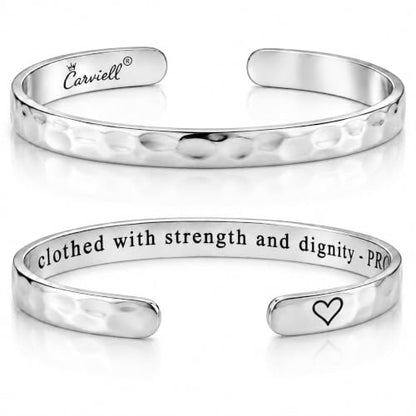 Bracelet - Gifts for Women – Inspirational, Friendships, Love, Mom, Daughters, Sisters, Christian, Graduations, Memorials & Wedding Gifts – 100+ Phrases – Stainless Steel, Gift Ready - color: CHRISTIAN GIFT - She is clothed with strength and dignity