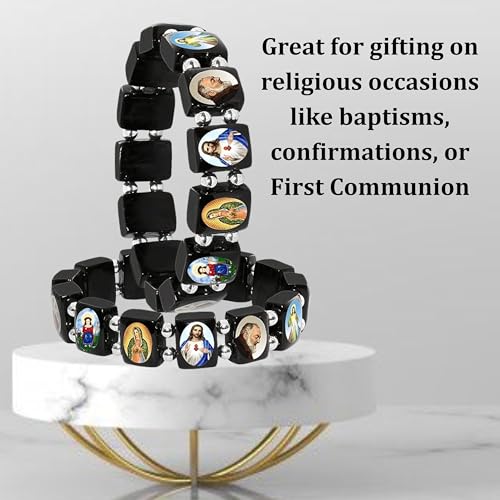 Catholica Shop Devotional Catholic Religious Wood Stretch Bracelets. Small and Large Panels with Assorted Images of Saints, Jesus and Mary. Unisex. Handcrafted in Brazil - style: Small Silver Tone