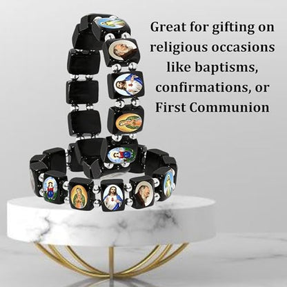 Catholica Shop Devotional Catholic Religious Wood Stretch Bracelets. Small and Large Panels with Assorted Images of Saints, Jesus and Mary. Unisex. Handcrafted in Brazil - style: Small Silver Tone