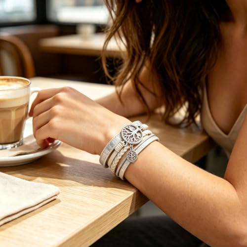 Tree of Life Multilayer Faux Leather Wrap Bracelet, Boho Braided Cuff Wristband with Metal Buckle, Spiritual Layered Bangle Jewelry Gift for Women Girls (White)