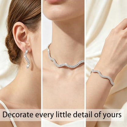 Rhinestone Bridal Jewelry Set, Choker Necklace Earrings Bracelet, Formal Wedding Prom Accessories for Women and Brides - color: silvery