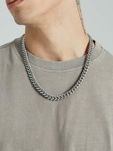 ChainsHouse Miami Cuban Link Chain Necklace for Men, Stainless Steel | 4.8/6/10/14mm Widths, Black/14K Gold Plated Finishes, Hip Hop Style, Daily Wear, Gift Box Included - color: Silver