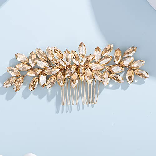 Teyglen Women Dainty Rhinestone Hair Comb - Luxurious Shiny Champagne Bridal Side Hair Accessory for Brides and Girls - color: Champagne