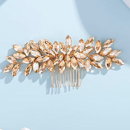 Teyglen Women Dainty Rhinestone Hair Comb - Luxurious Shiny Champagne Bridal Side Hair Accessory for Brides and Girls - color: Champagne