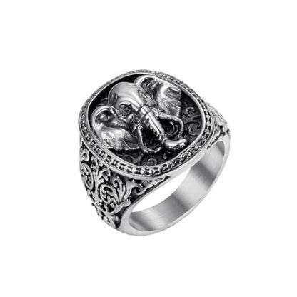 Men's Silver Gold Elephant Head Ring Stainless Steel Biker Band | Religious Engraved Chunky Signet Band for Men, Elephant Animal Lucky Ring, Retro Amulet Jewelry Gift for Him - color: Silver