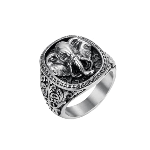 Men's Silver Gold Elephant Head Ring Stainless Steel Biker Band | Religious Engraved Chunky Signet Band for Men, Elephant Animal Lucky Ring, Retro Amulet Jewelry Gift for Him - color: Silver