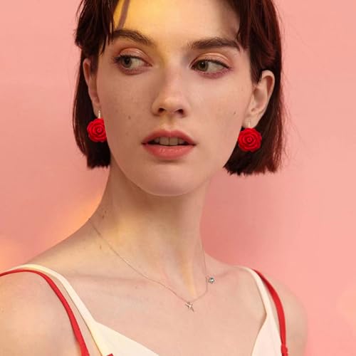 Handmade Bohemian Aesthetic Dainty Acrylic Flower Petal Leverback Earrings Sparkly 14K Gold Floral Dangle Drop Earrings for Women - color: Bright Red