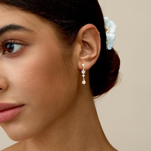 CHESKY Pearl Drop Earrings for Women, 14K Gold Plated Pearl Dangle Earrings | Dainty Pearl Earrings for Women,WaterProof Gold Brides Wedding Earrings,Bridesmaid Bridal Gift,Trendy Women Everyday Jewelry - style: leafs