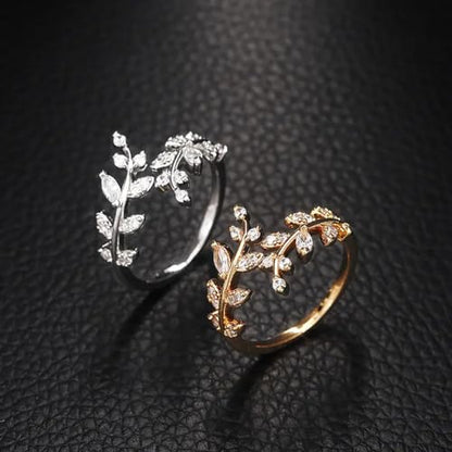 Olive Leaf Rings for Women, Spiritual Meditation Jewelry with Energy Flow Design, 18K Gold Plated Japanese Brass and Asfour Crystal Vine Ring, Symbol of Balance & Inner Harmony - color: Gold plating
