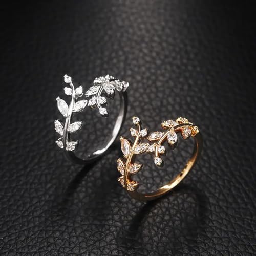 Olive Leaf Rings for Women, Spiritual Meditation Jewelry with Energy Flow Design, 18K Gold Plated Japanese Brass and Asfour Crystal Vine Ring, Symbol of Balance & Inner Harmony - color: gold+silver