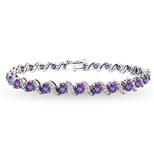 B. BRILLIANT Sterling Silver Genuine, Created or Simulated Gemstone Round S Design Tennis Bracelet for Women - color: Amethyst - Sterling Silver