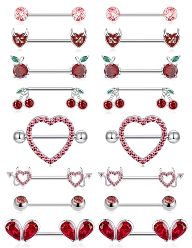 8 Pairs Nipple Rings 14G Stainless Steel Heart Cherry Apple Devil CZ Acrylic Ball Stud Barbell Tongue Rings Set Cute Nipplerings Piercing Jewelry for Women Red Silver Tone - color: Red1