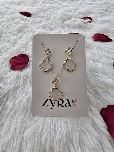 ZYRA Gold Plated Clover Four Leaf Necklace Pendant and Earrings for Women Clover Set Jewelry Gifts for Women - color: White