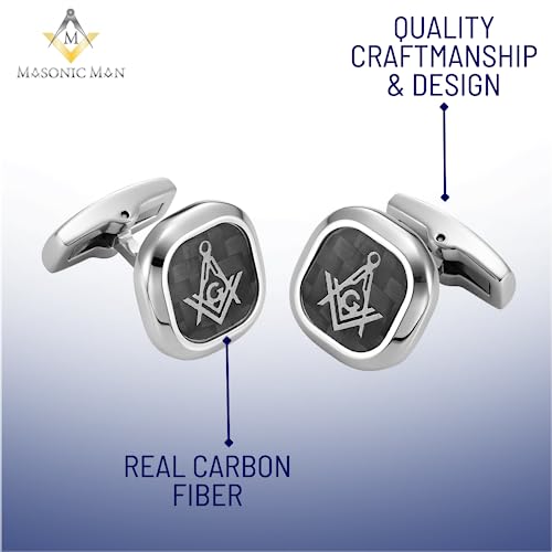 MasonicMan Men’s Stainless Steel Cufflinks with Black Carbon Fiber and Masonic Logo and Gift Pouch
