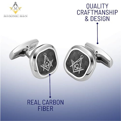 MasonicMan Men’s Stainless Steel Cufflinks with Black Carbon Fiber and Masonic Logo and Gift Pouch