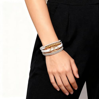 Leather Wrap Bracelets for Women, Boho Leopard Multi-Layer Crystal Beads Cuff Jewelry - color: J-Warp-009