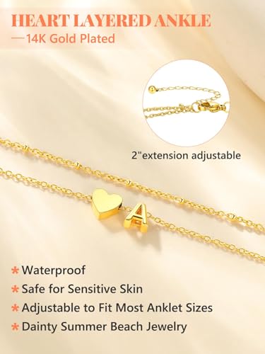 Ankle Bracelets for Women Waterproof 14K Gold/Silver/Black Initial Anklet for Women Dainty Layered Heart Ankle Bracelets Stainless Steel Adjustable Foot Chain Anklet Summer Beach Jewelry - color: I-Gold