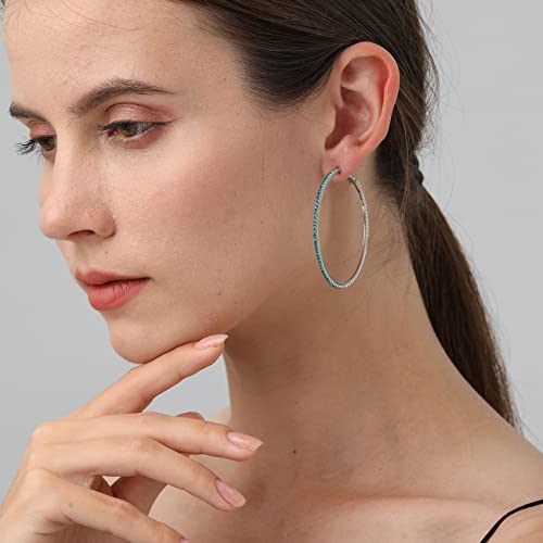 925 Sterling Silver Earrings Large Rhinestone Hoop Earrings Big Cubic Zirconia Hoop Earrings Thin Rhinestones Round Hoop Earrings for Women 20/30/40/50/60/70mm Sparkly Hoops With Crystals for Womens - color: green,50mm