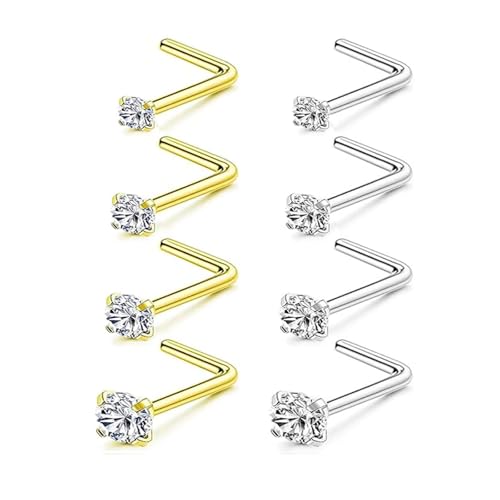 Incaton 20G Stainless Steel Nose Rings for Women Nose Rings Hoops L Shaped Nose Studs Screw Nose Piercing Jewelry for Women Men Silver Rose Gold Black Rainbow - color: 8P STUD GOLD + SILVER