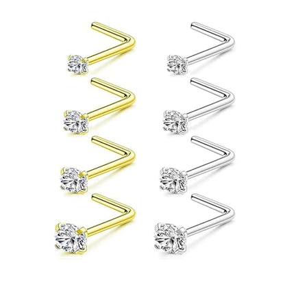 Incaton 20G Stainless Steel Nose Rings for Women Nose Rings Hoops L Shaped Nose Studs Screw Nose Piercing Jewelry for Women Men Silver Rose Gold Black Rainbow - color: 8P STUD GOLD + SILVER