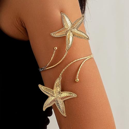 Blue Drop Starfish Waist Chain Belt and Arm Cuff Set for Women Starfish Shell Bracelet Gold Plated Cuff Bangle Arm Boho Holiday Beach Accessories Jewelry - color: Arm Cuff with Waist Chain