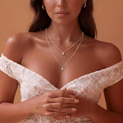 Tewiky Dainty 14k Gold Plated/Silver Cubic Zirconia Necklaces for Women | Simple CZ Jewelry Necklaces Trendy Gifts - color: Gold layered small CZ