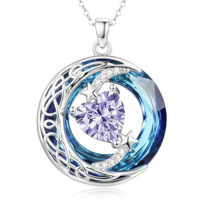 Birthstone Necklace for Women Crystal Moon and Star Pendant White Gold Celtic Moon Jewelry Birthday Graduation Gifts for Wife Her - style: Moon-6