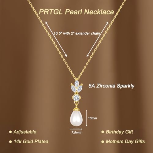 Pearl Necklaces for Women 14k Gold/White Gold Plated CZ Diamond | Dainty Cubic Zirconia Necklace, Bridal Bridesmaids Wedding Jewelry Gifts - color: Gold CZ Leaf Teardrop Pearl