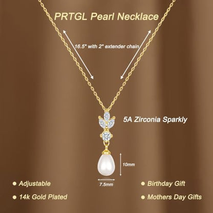 Pearl Necklaces for Women 14k Gold/White Gold Plated CZ Diamond | Dainty Cubic Zirconia Necklace, Bridal Bridesmaids Wedding Jewelry Gifts - color: Gold CZ Leaf Teardrop Pearl