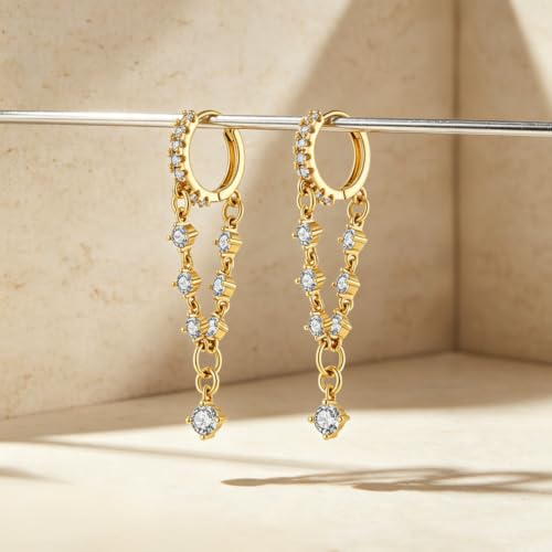 Gold Dangle Hoop Earrings for Women 14K Gold Plated Cubic Zirconia Small Huggie Drop Dangle Earrings Trendy CZ Bridal Wedding Jewelry