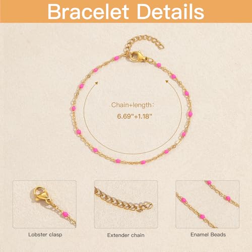6 PCS Enamel Beaded Chains Bracelet Stainless Steel Link Bracelets | 6.7"+1.18", With Extender Chain, Fashion Jewelry Set, Gift For Women, Colorful, No Fade - color: Rose Gold