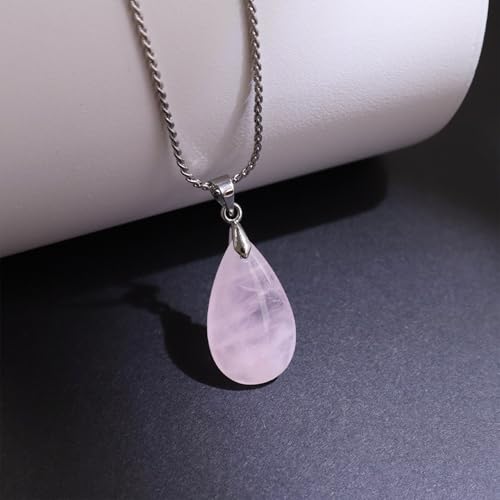 Natural Stone Teardrop Pendant Necklace, Birthstone Water Drop Gemstone Necklace with Stainless Steel Chain for Women - color: Rose Quartz