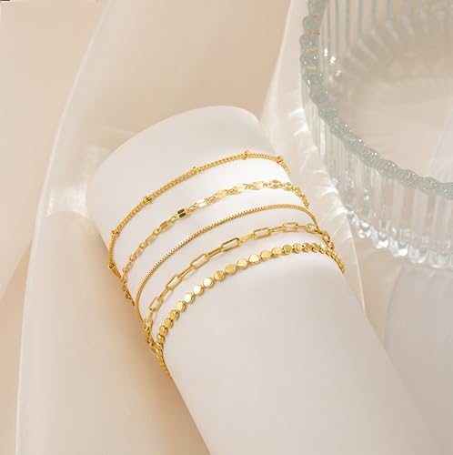 Dainty 14K Gold Plated Bracelets for Women Waterproof, Non Tarnish Gold Jewelry Sets, Thin Stackable Link Paperclip Chain Bracelet Pack Fashion Accessories Gifts for Womens - style: 5Pcs BRACELET SET-01
