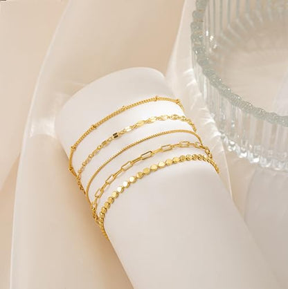 Dainty 14K Gold Plated Bracelets for Women Waterproof, Non Tarnish Gold Jewelry Sets, Thin Stackable Link Paperclip Chain Bracelet Pack Fashion Accessories Gifts for Womens - style: 5Pcs BRACELET SET-01
